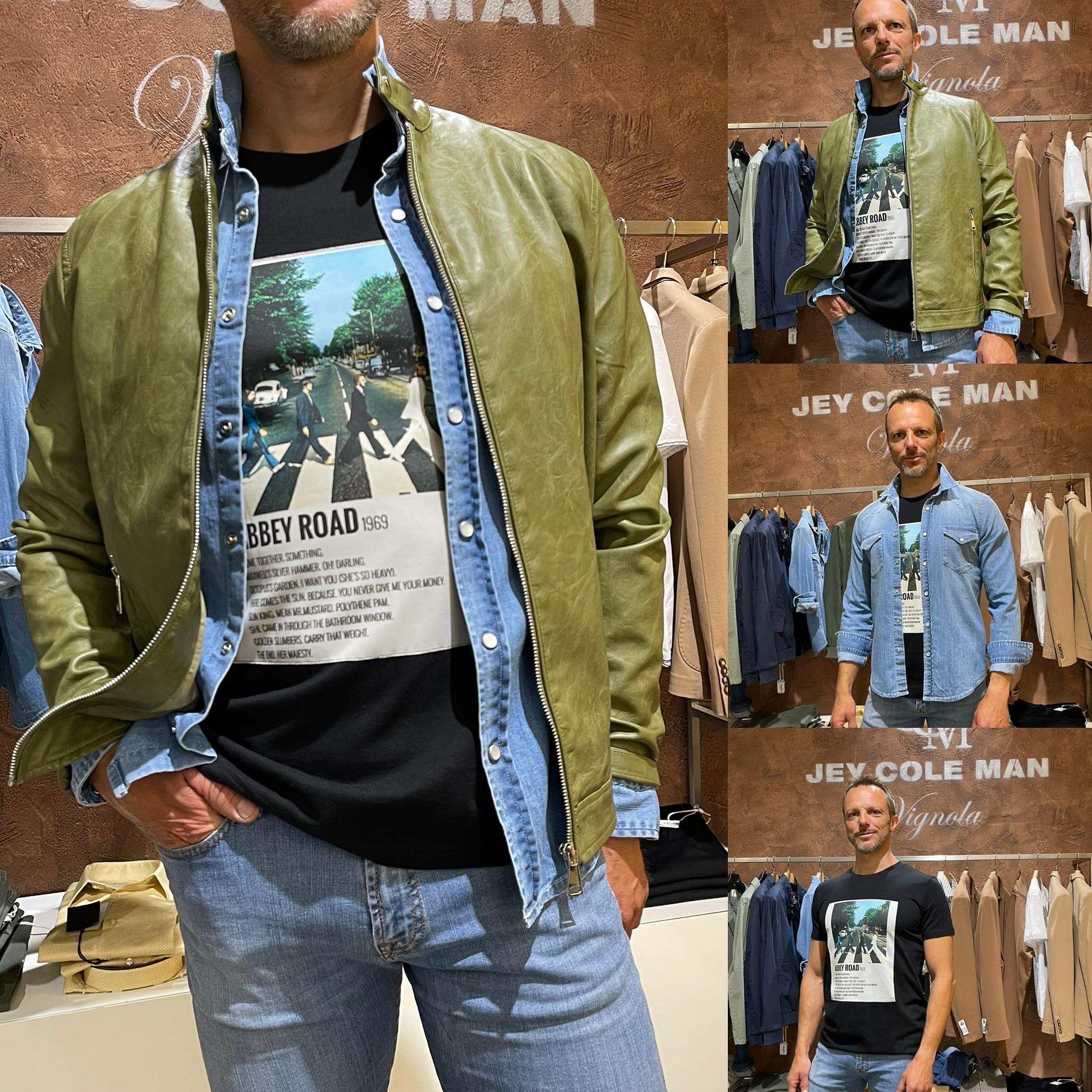 Giubbino ecopelle  camicia jeans  Tshirt con stampa e jeans  indossa x noi Stefano Spinelli